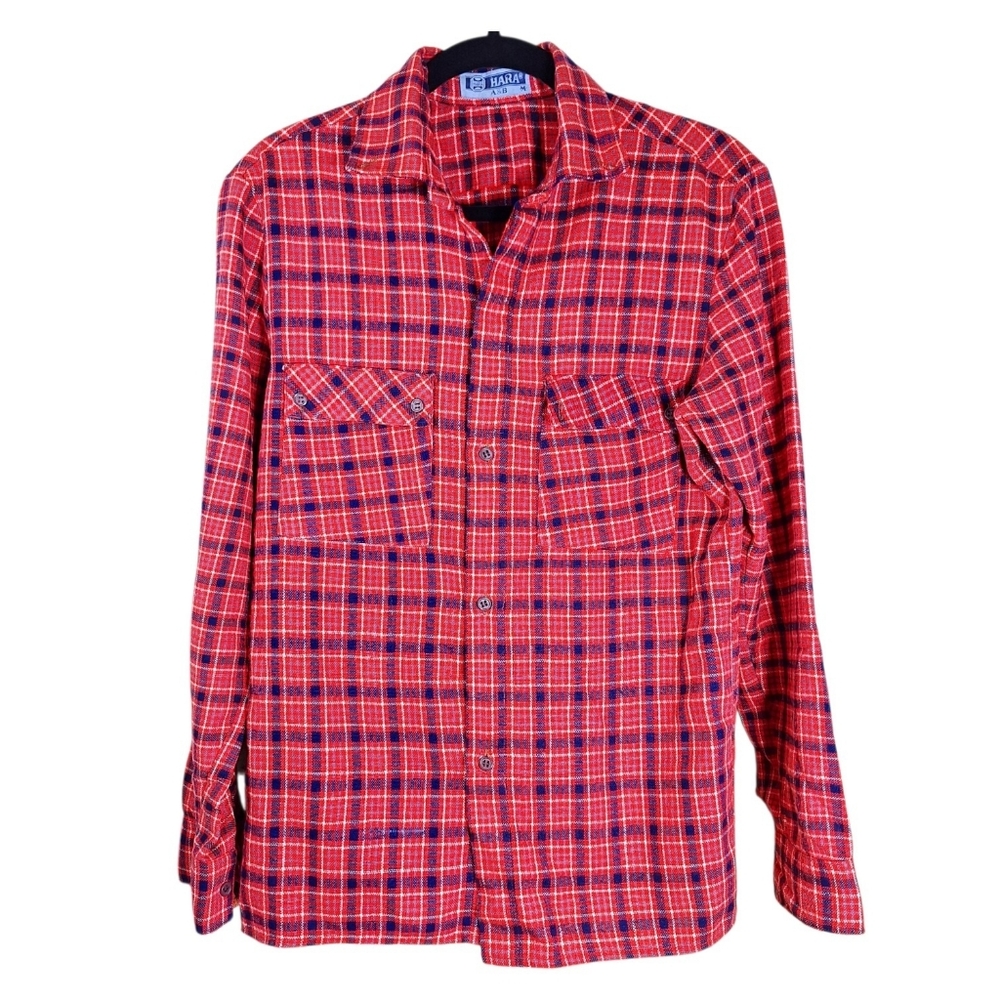 Vintage 60s 70s Red Plaid Flannel Button Up Mens M Lumberjack Grunge Workwear